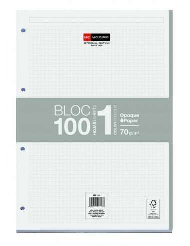 Miquel Rius Bloc1 Blocco rilegato formato A4 - 100 fogli da 70 g con 4 fori - Bordo dei fogli grigio - Base in cartone - Griglia 5x5