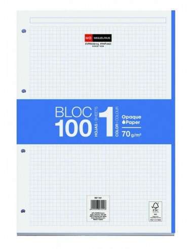 Miquel Rius Bloc1 Blocco incollato formato A4 - 100 fogli da 70 g con 4 fori - Fascia dei fogli blu - Base in cartone - Griglia 5x5
