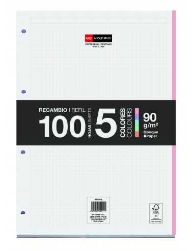 Miquel Rius Ricarica Formato A4 - 100 fogli sciolti da 90 g con 4 fori - Fascia dei fogli in 5 colori pastello - Griglia 5x5