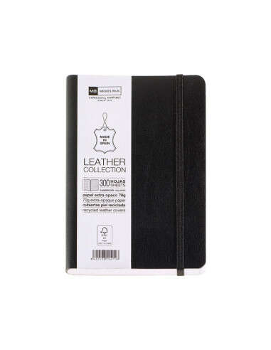 Miquel Rius Leather 1839 Quaderno flessibile 8º 300 fogli con indice - Copertina in pelle riciclata - Righe 5x5 mm - Chiusura con elastico - Colore nero
