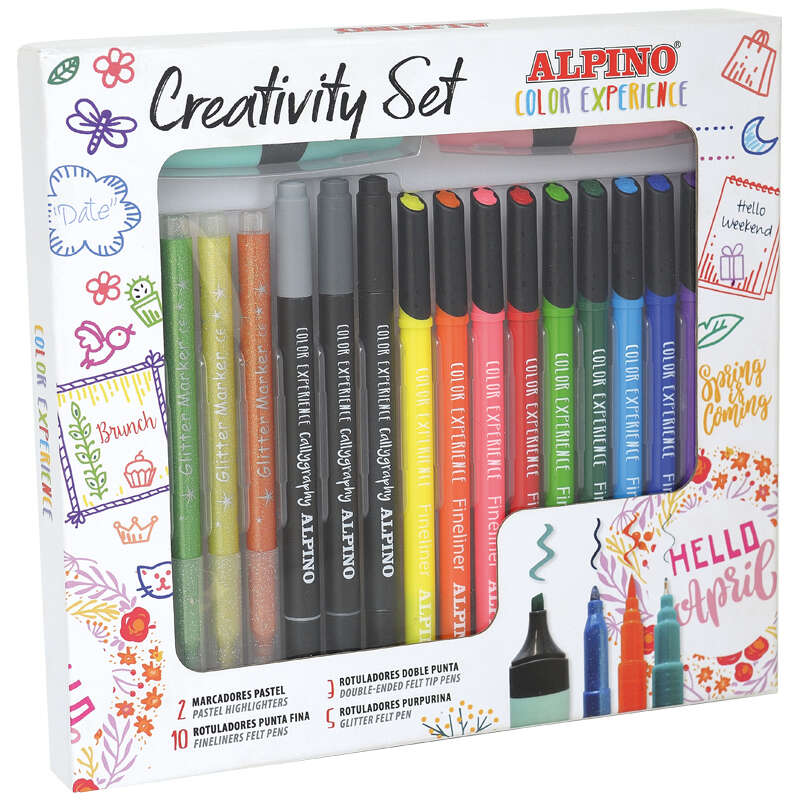 Alpino Color Experience Kit Creativo con 10 pennarelli a punta fine - 5 pennarelli glitter - 3 pennarelli speciali per calligrafia - 2 pennarelli pastello - Colori assortiti