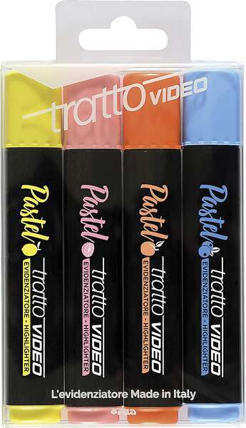 Tratto Video Pastel Confezione da 4 pennarelli fluorescenti - Punta smussata - Inchiostro a base d'acqua - Asciugatura rapida - Colori assortiti