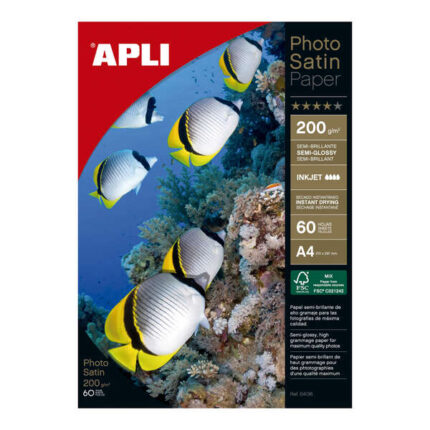 Apli Photosatin Confezione da 60 fogli di carta fotografica A4 200 g - Finitura semilucida - Adatta per stampanti a getto d'inchiostro