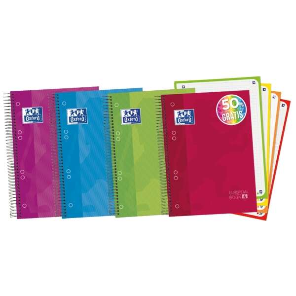 Oxford Europeanbook 4 Quaderno a spirale formato A5+ a quadretti 5x5 mm - 120 fogli 90 g - Copertina in cartoncino con finitura lucida - 4 strisce colorate - Colori assortiti