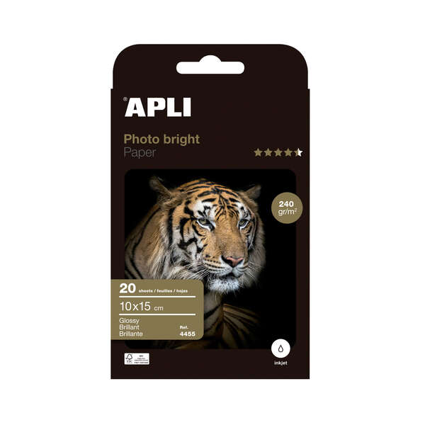 Apli Photobright Confezione da 20 fogli di carta fotografica 10x15 cm 240 g/m² - Finitura lucida - Adatta per stampanti a getto d'inchiostro