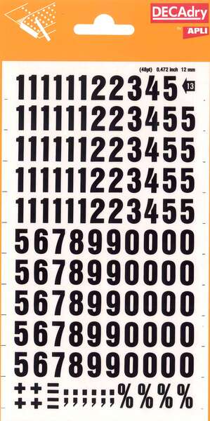 Apli Numeri trasferibili - 12 mm - Facili da applicare - Nero intenso - 133 caratteri - Nero
