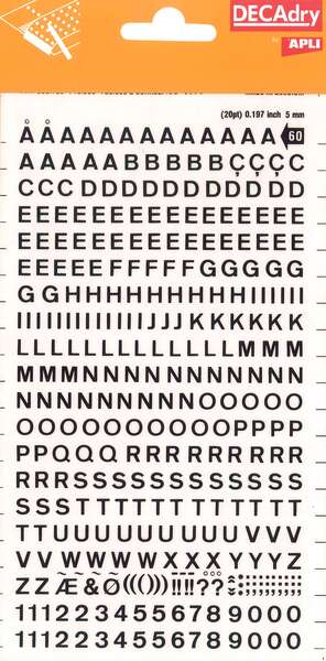 Apli Lettere e numeri trasferibili - 5 mm - 339 caratteri - Neri