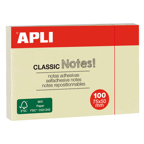 Apli Foglietti adesivi Classic 75x50 mm Blocco da 100 fogli - Adesivo di qualità - Facili da staccare - Ideali per promemoria - Gialli