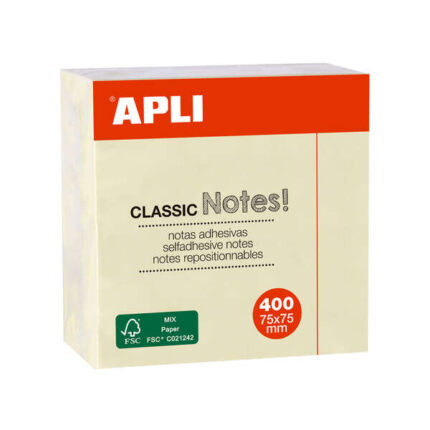 Apli Foglietti adesivi Classic 75x75 mm - Cubo da 400 fogli - Adesivo di qualità - Facili da staccare - Giallo