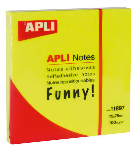 Apli Post-it Funny 75x75 mm - Blocco da 100 fogli - Adesivo di qualità - Facile da staccare - Colore giallo fluorescente