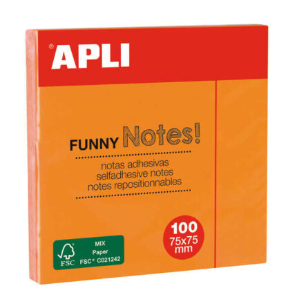 Apli Blocco da 100 foglietti adesivi Funny 75x75 mm - Adesivo di qualità - Colore arancione fluorescente