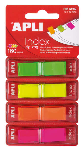 Apli Indici adesivi a zigzag 45x12 mm 4 dispenser da 40 indici - Facili da applicare - Resistenti - Rimovibili - Colori fluorescenti - Multicolore