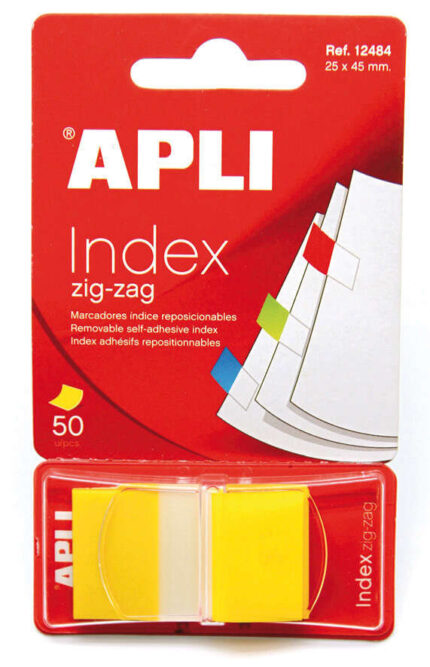 Apli Indici adesivi in pellicola Zigzag 45x25 mm Dispenser da 50 - Adesivo rimovibile - Zigzag per una facile identificazione - Giallo