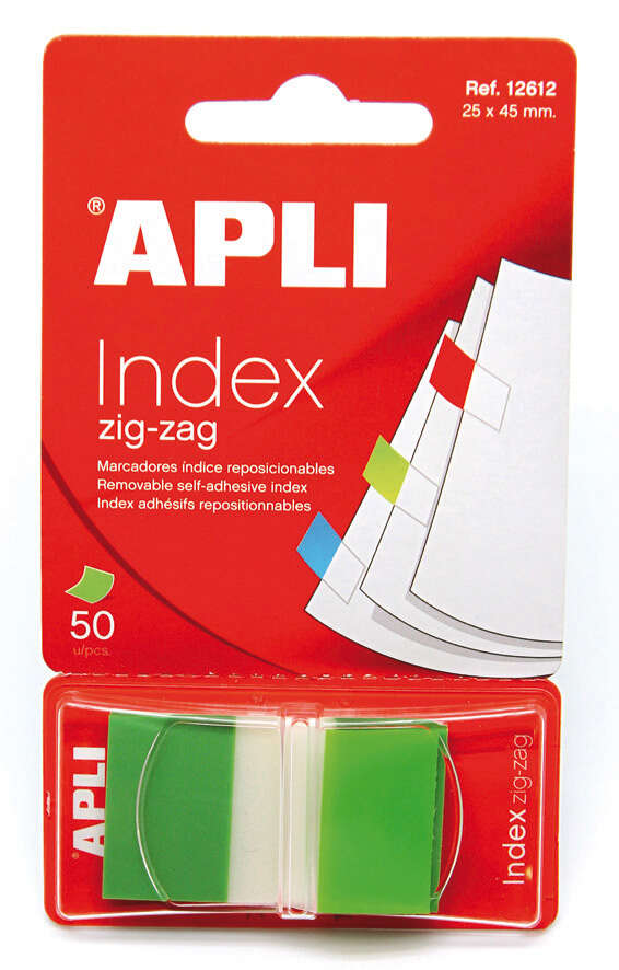 Apli Indici adesivi in pellicola a zigzag 45x25 mm - Dispenser da 50 indici - Adesivo di qualità - Facile da staccare - Design a zigzag - Verdi