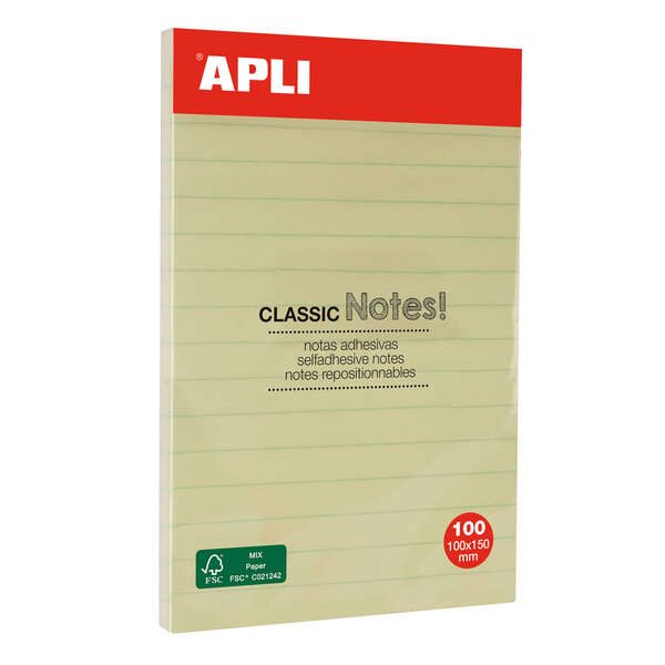Apli Foglietti adesivi Classic a righe 100x150 mm - Blocco da 100 fogli - Adesivo di alta qualità - Facili da staccare - Giallo Apli Foglietti adesivi Classic a righe 100x150 mm - Blocco da 100 fogli - Adesivo di alta qualità - Facili da staccare - Giallo
