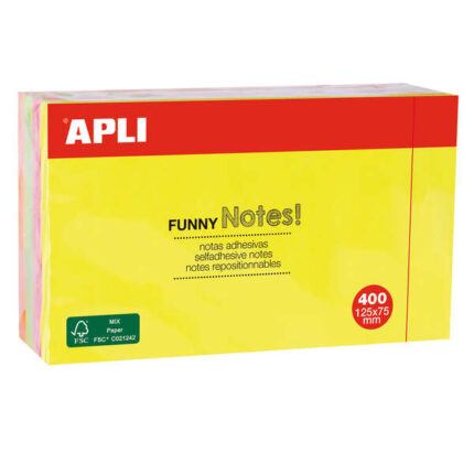 Apli Funny Bloc da 400 foglietti adesivi riposizionabili 125x75 mm - 4 colori assortiti (100 fogli per colore) - Colori fluo