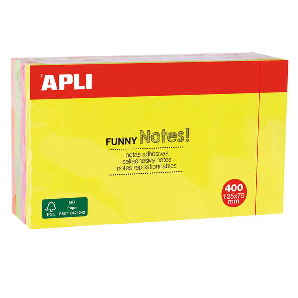 Apli Funny Bloc da 400 foglietti adesivi riposizionabili 125x75 mm - 4 colori assortiti (100 fogli per colore) - Colori fluo Apli Funny Bloc da 400 foglietti adesivi riposizionabili 125x75 mm - 4 colori assortiti (100 fogli per colore) - Colori fluo
