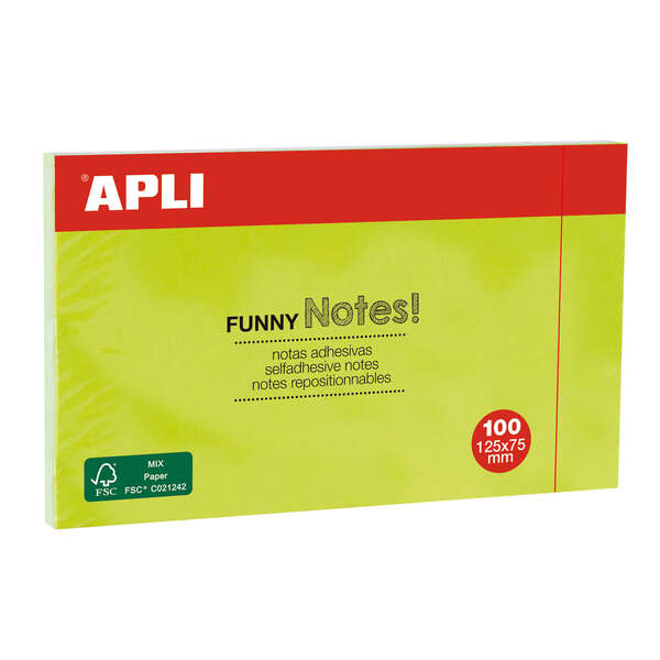 Apli Foglietti adesivi Funny 125x75mm - Blocco da 100 fogli - Adesivo di qualità - Facili da staccare - Colore verde fluorescente