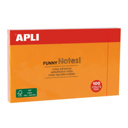 Apli Foglietti adesivi Funny 125x75mm - Blocco da 100 fogli - Adesivo di qualità - Colore arancione fluorescente