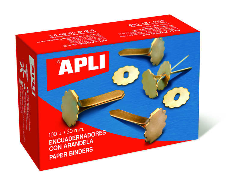 Apli Confezione da 100 punti metallici con rondella da 18 mm - Adatti a tutti i tipi di documenti - Includono rondella per abbellire ed evitare graffi