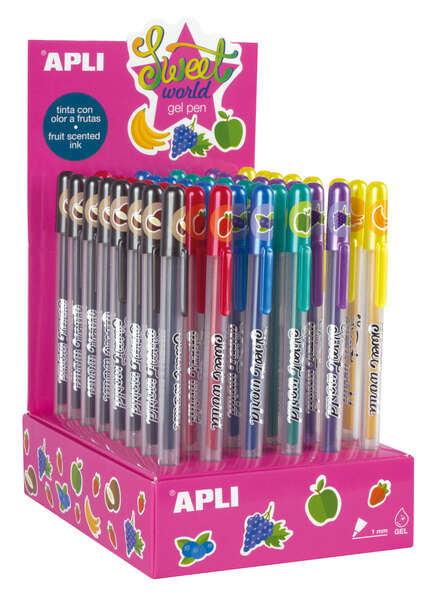 Espositore Apli Sweet World Gel Pen - 48 penne a inchiostro gel con aroma di frutta - 8 colori assortiti - Spessore di scrittura 1 mm - Resistenti e di lunga durata