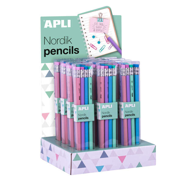 Apli Nordik Collection Espositore da 12 confezioni da 8 matite di grafite HB 2 mm con gomma - Colori rosa