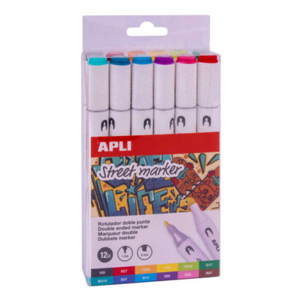 Apli Street Marker Pennarelli a doppia punta - Punta rotonda da 1 mm e smussata da 6 mm - Inchiostro a base alcolica - 12 colori assortiti