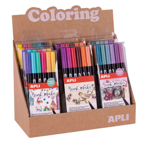 Apli Coloring Brush Markers - Espositore con 8 confezioni assortite - Doppia punta in nylon tipo pennello da 1-4 mm e punta tonda da 1 mm - Acquerellabili e multifunzionali