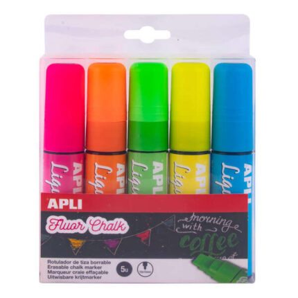 Confezione Apli con 5 pennarelli a gesso liquido - Punta smussata 10x15 mm - Per lavagne e superfici non porose - Colori assortiti