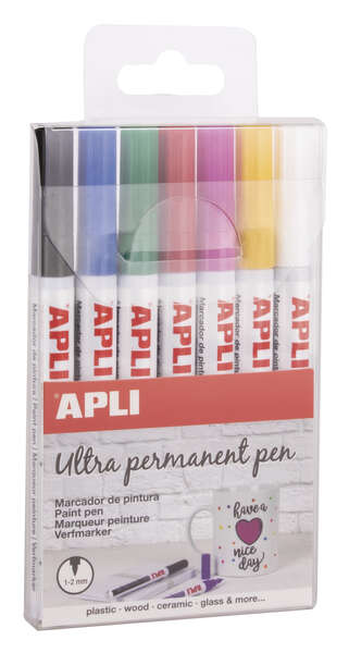 Apli Pennarelli a inchiostro permanente a punta fine - 1-2 mm - Confezione da 7 colori - A base di olio - Lunga durata - Resistenti all'acqua - Resistenti fino a 60 °C - Multisuperficie