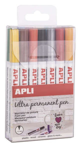Apli Pennarelli a inchiostro permanente con punta fine - Confezione da 14 colori - Base a olio - Resistenti all'acqua - Resistenti fino a 60 °C