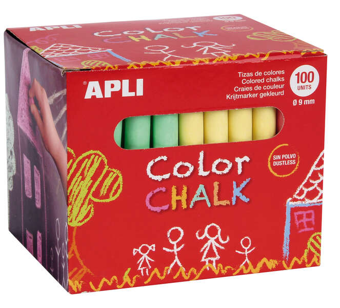 Apli Confezione da 100 gessetti rotondi in vari colori Ø 9 x 80 mm - Senza polvere - Ideali per scrivere