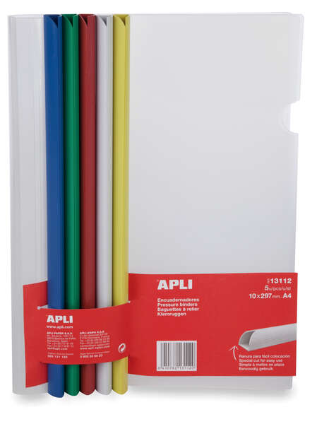 Apli Confezione da 5 raccoglitori a scorrimento 10x297 mm - Capacità 100 fogli - Con copertina trasparente - Fessura per un facile inserimento dei fogli - Colori assortiti Apli Confezione da 5 raccoglitori a scorrimento 10x297 mm - Capacità 100 fogli - Con copertina trasparente - Fessura per un facile inserimento dei fogli - Colori assortiti