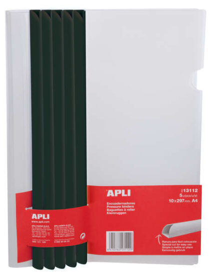 Apli Confezione da 5 raccoglitori a scorrimento 10 x 297 mm con copertina trasparente - Fessura per un facile inserimento dei fogli - Capacità: 100 fogli - Colore: nero