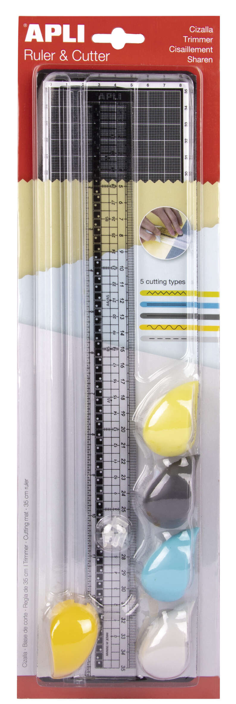 Apli Cesoia da taglio - Righello da 35 cm - Tavoletta da taglio 10x38 cm - 5 cesoie con impugnatura ergonomica e diversi tipi di taglio