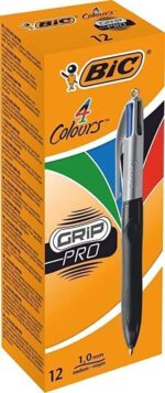 Bic 4 Colours Grip Pro Penna a sfera retrattile con impugnatura - Punta media da 1 mm - Tratto da 0,4 mm - Inchiostro a base di olio - Corpo grigio/nero trasparente - 4 colori - immagine 3