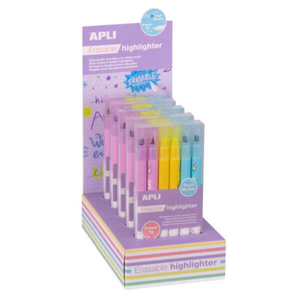 Apli Erasable Highlighter Espositore da 5 confezioni da 6 evidenziatori cancellabili - Punta smussata da 4 mm - Colori assortiti