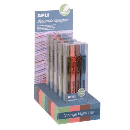 Espositore Apli Retractable Highlighter con 5 confezioni da 4 evidenziatori a scatto - Punta smussata da 4 mm - Colori assortiti vintage