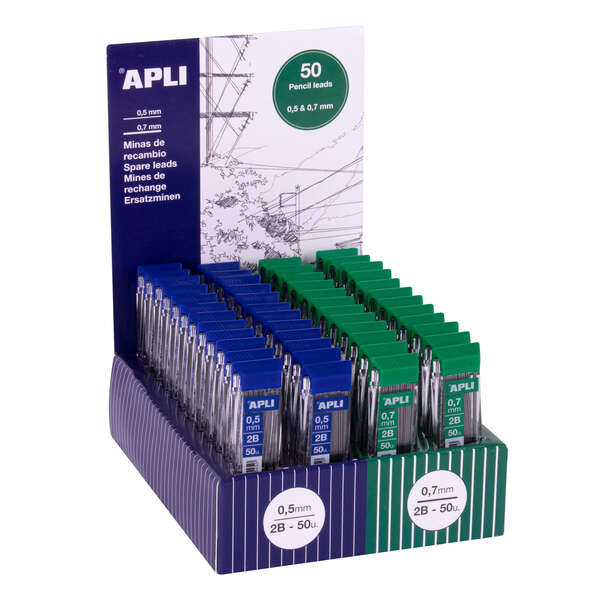 Espositore Apli da 48 astucci da 50 mine per portamine - Durezza 2B - 24 astucci da 0
