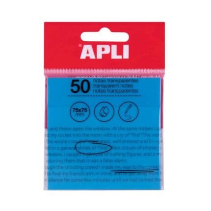 Apli Foglietti adesivi trasparenti Blocco da 50 fogli 75x75mm - Per prendere appunti senza perdere la visibilità del testo o dell'immagine - Resistenti all'acqua - Colore blu