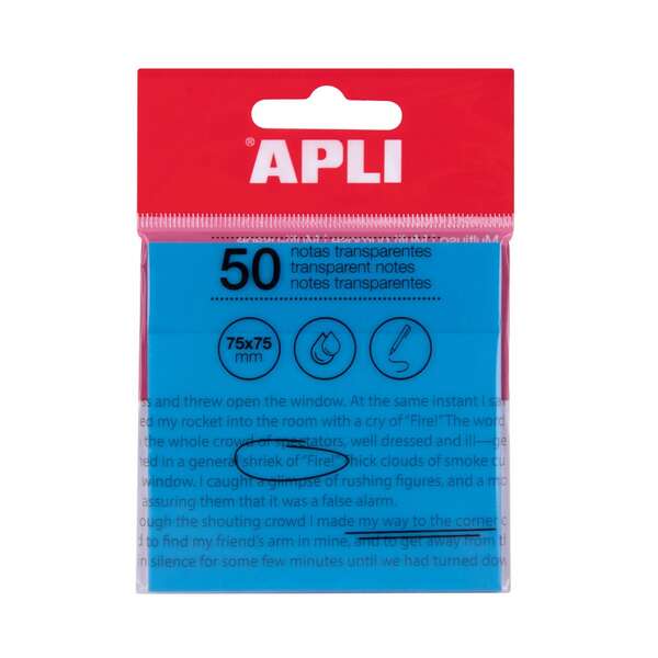 Apli Foglietti adesivi trasparenti Blocco da 50 fogli 75x75mm - Per prendere appunti senza perdere la visibilità del testo o dell'immagine - Resistenti all'acqua - Colore blu