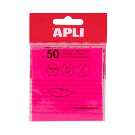 Apli Foglietti adesivi trasparenti Blocco da 50 fogli 75x75 mm - Per prendere appunti senza perdere la visibilità del testo o dell'immagine - Resistenti all'acqua - Colore rosa