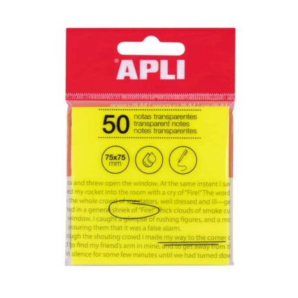 Apli Foglietti adesivi trasparenti Blocco da 50 fogli 75x75mm - Per prendere appunti senza perdere la visibilità del testo o dell'immagine - Resistenti all'acqua - Colore giallo