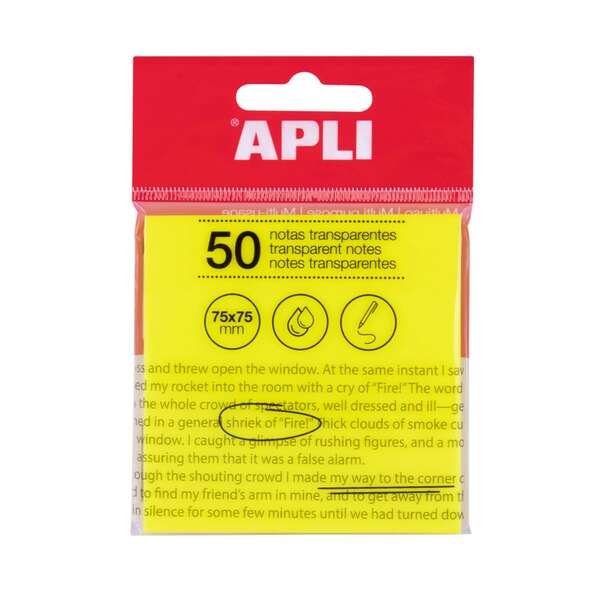 Apli Foglietti adesivi trasparenti Blocco da 50 fogli 75x75mm - Per prendere appunti senza perdere la visibilità del testo o dell'immagine - Resistenti all'acqua - Colore giallo