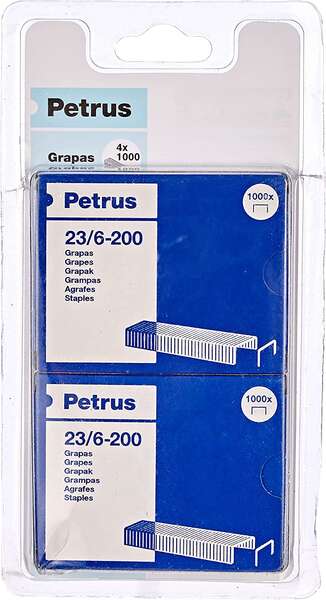 Petrus Confezione da 4 scatole da 1000 graffette 23/6-200 rivestite - Fino a 20 fogli - Gancio da 6 mm