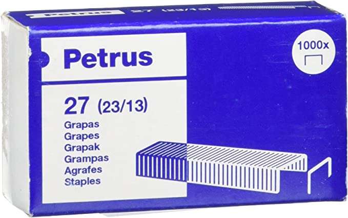 Petrus Scatola da 1000 graffette 23/13 ramate - Fino a 100 fogli - Gancio da 13 mm Petrus Scatola da 1000 graffette 23/13 ramate - Fino a 100 fogli - Gancio da 13 mm