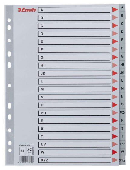 Esselte Indice Alfabetico in Plastica con Copertina A4 - Tipo A-Z - Cartoncino Indice: Cartone Grigio - Materiale PP - Formato A4 - Multiforo - Confezione in Sacchetto Singolo - Colore Grigio