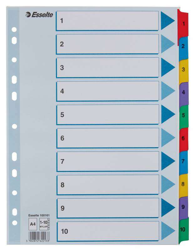 Esselte Indice in cartoncino con linguette rinforzate - A4 - Numerate da 1 a 10 - Multicolore