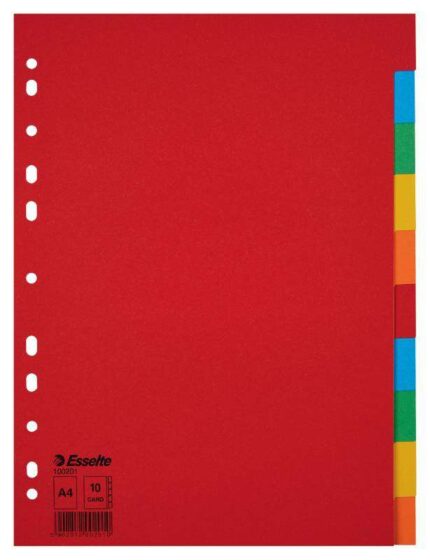 Esselte Divisori in cartoncino A4 con fori multipli 150 g - 10 linguette in 5 colori - Confezionati in sacchetti singoli