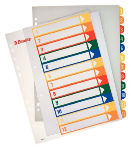 Esselte Indice per progetti stampabile A4 Maxi Tipo 1-12 Multicolore - Fori multipli - Materiale PP rigido 300 micron